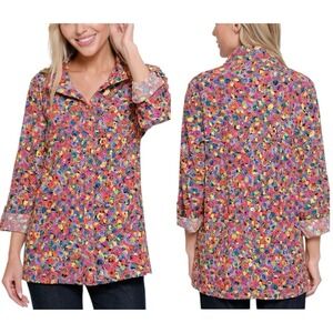 JOHN MARK Womens Multicolor Embroidered Tunic Top Size M Roll-Tab Sleeves Casual